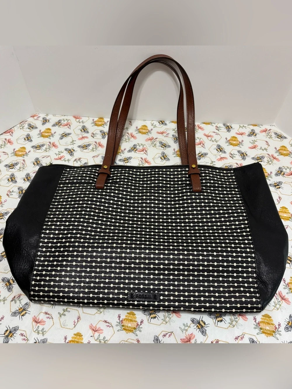 Fossil Black & White Dot-Striped Tote with Brown Leather Handles